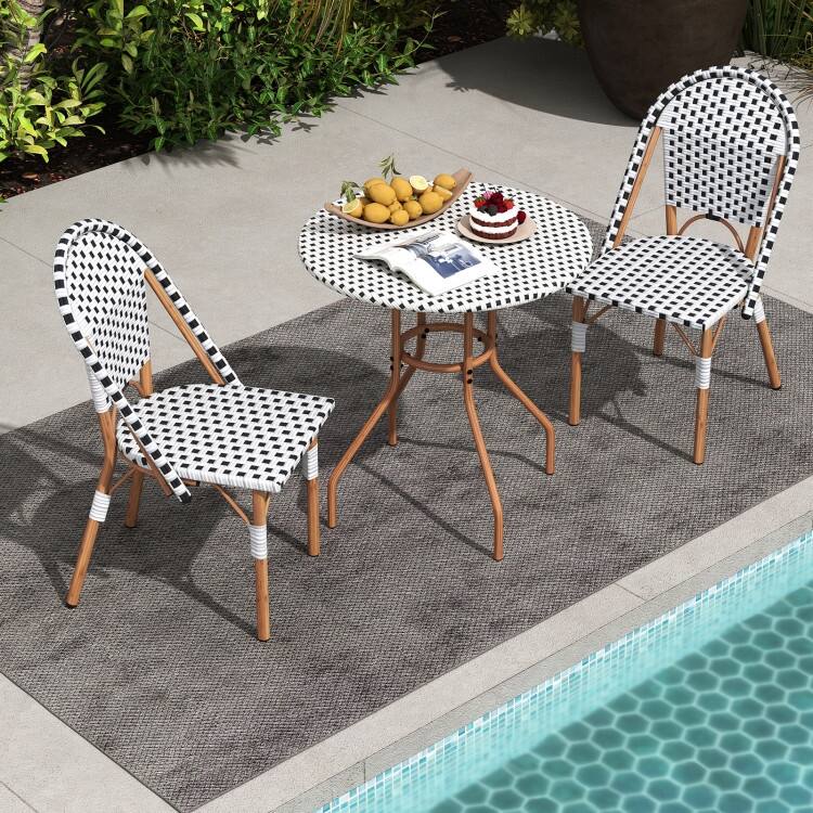 3 Piece Black-White PE Rattan Metal Patio Bistro Set with Ergonomic Chairs - Chair: 22” x 16” x 35”