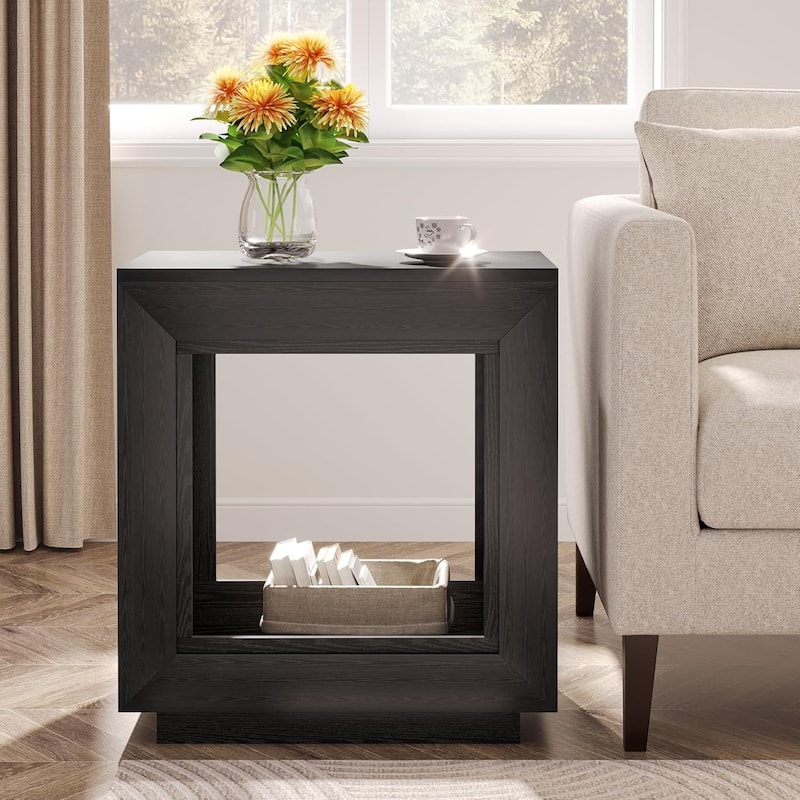 24" Rustic 2-Tier End Table, Side Table with Storage Shelf, Sofa Nightstand for Living Room, Bedroom, Entryway