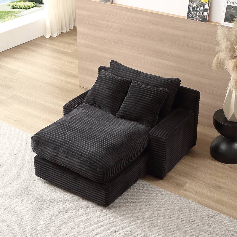 Corduroy Upholstered Lounge Chair with Storage Ottoman, Modern Leisure Sofa Chair, Chaise Reading Chair for Living Room, Bedroom - Black