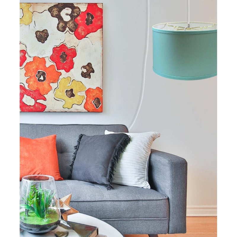 1 Light Swag Plug-In Pendant 16"w Island Paradise Linen Drum Shade, 17' White Cord