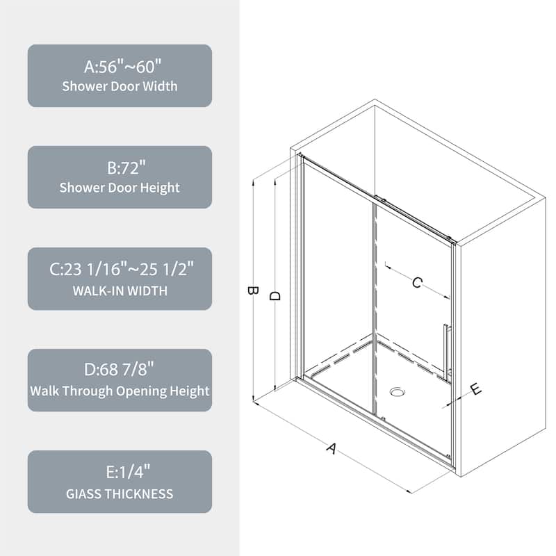 56"-60"W x 72"H Sliding Shower Door with 1/4" Tempered Glass