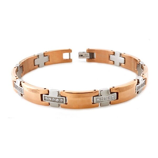 Two-Tone Stainless Steel Cubic Zirconia Beveled Links Bracelet - 8.5 inches