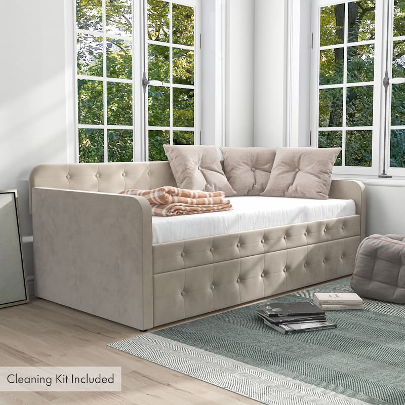 Menzelle Contemporary 2-Piece Twin Upholstered Tufted Day Bed with Trundle by Furniture of America - With Care Kit - Beige