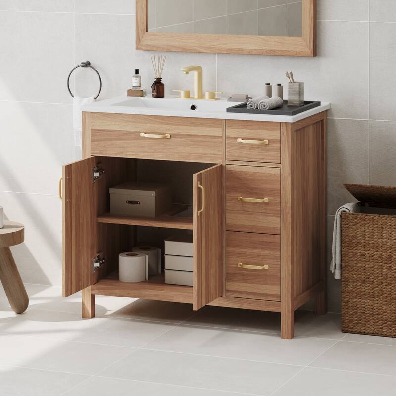 Solid Wood Frame Bathroom Vanity Cabinet with Undermount Ceramic Sink, 3 Drawers & Adjustable Shelf for Small Bathrooms, 36 Inch - 36 Inch - Wood