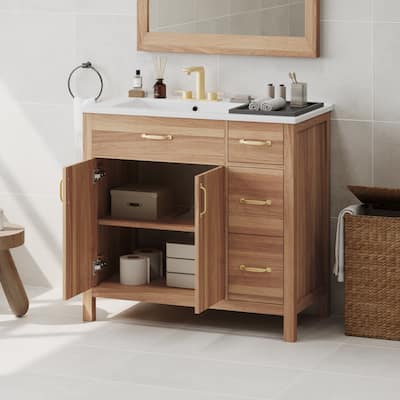 Solid Wood Frame Bathroom Vanity Cabinet with Undermount Ceramic Sink, 3 Drawers & Adjustable Shelf for Small Bathrooms, 36 Inch