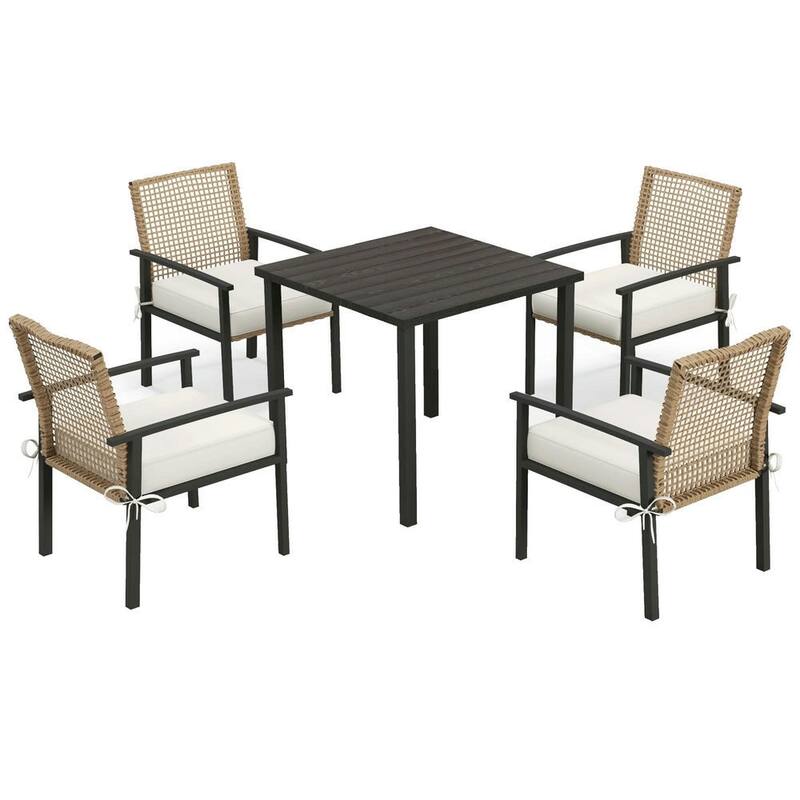 5-Piece Outdoor Dining Set for 4, Wicker Chairs, Cushions, Metal Table - Beige