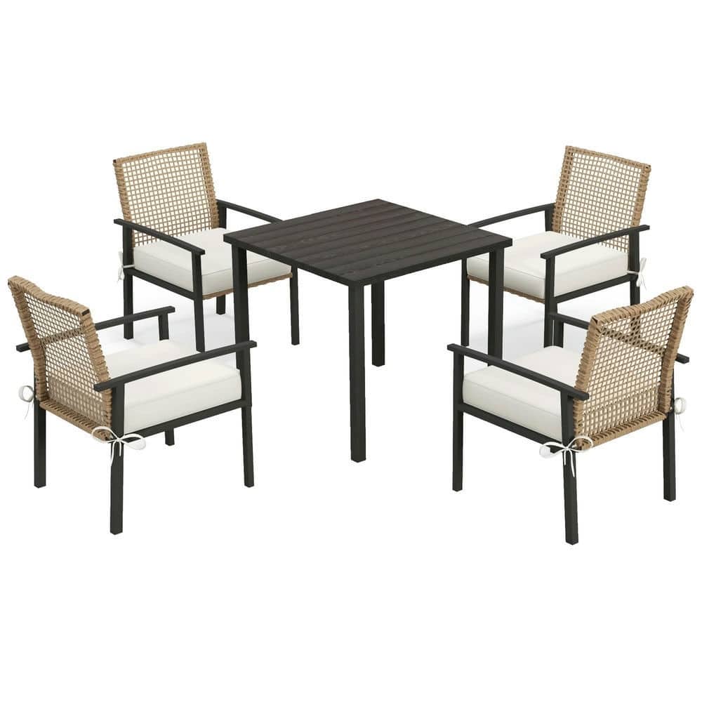 5-Piece Outdoor Dining Set for 4, Wicker Chairs, Cushions, Metal Table