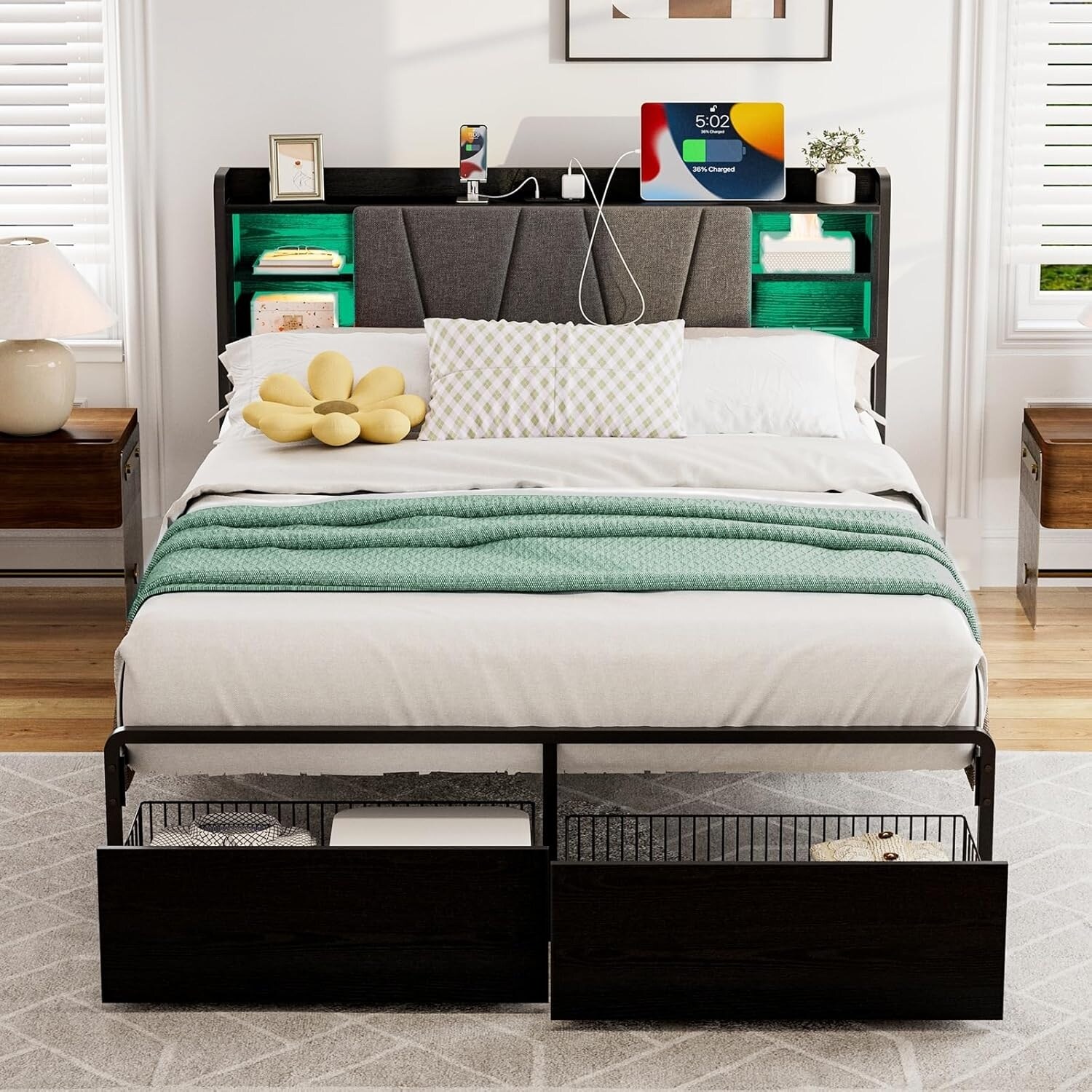 Full Size Upholstered Platform Bed with LED Lights, Charging Station, and Storage Drawers, No Box Spring Needed, Black