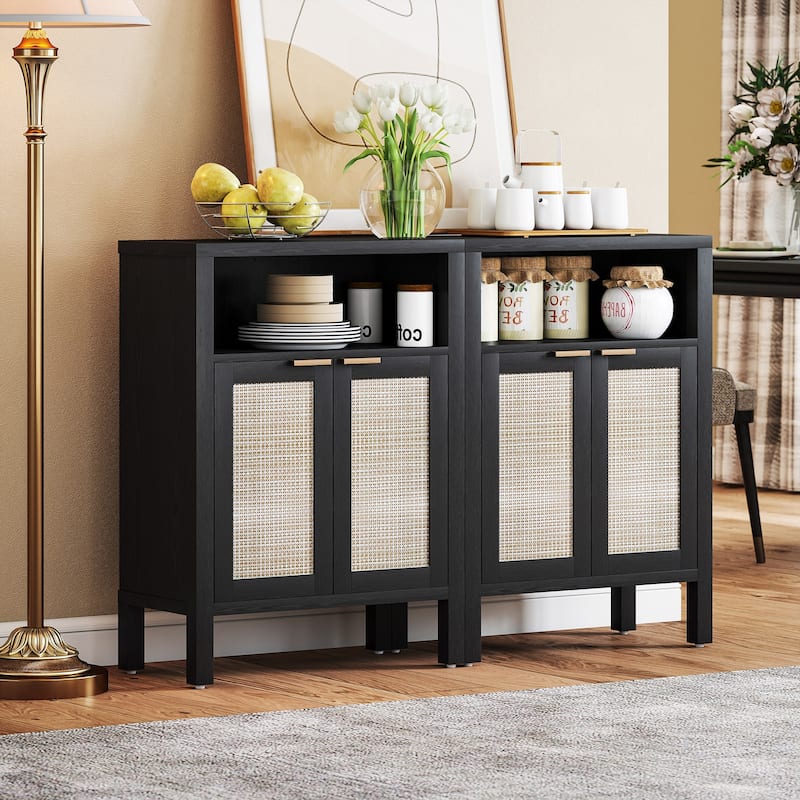 Rattan Sideboard with Adjustable Shelves and Golden Handles for Kitchen Dining and Living Room Storage