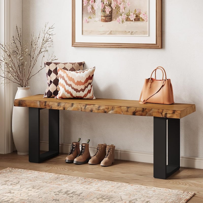 47" Solid Wood Entryway Bench with Metal Legs for Bedroom Living Room Small Space - Brown & Black