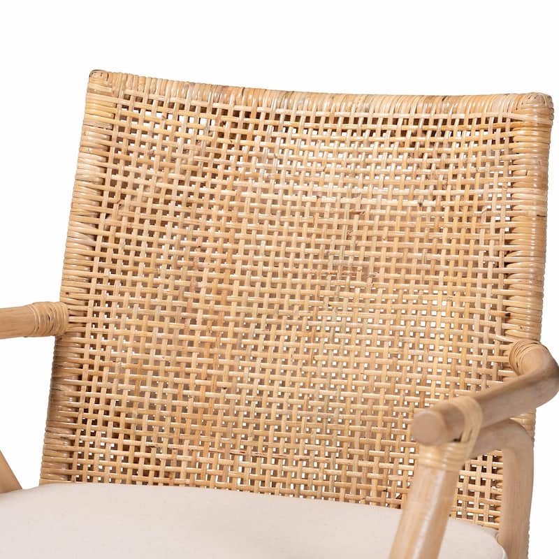 Storsel Modern Bohemian Natural Brown Finished Teak Wood and Rattan Dining Chair with Cream Fabric Cushion