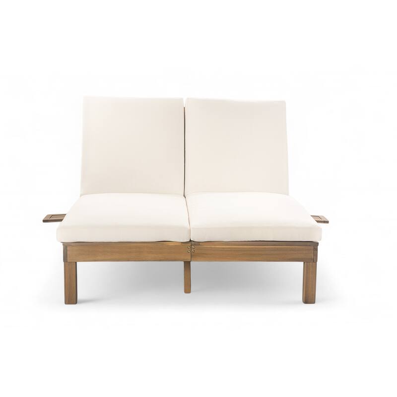 Outdoor Patio Acacia Wood Double Daybed Sunbed with Adjustable Backrest and Folding Side Trays