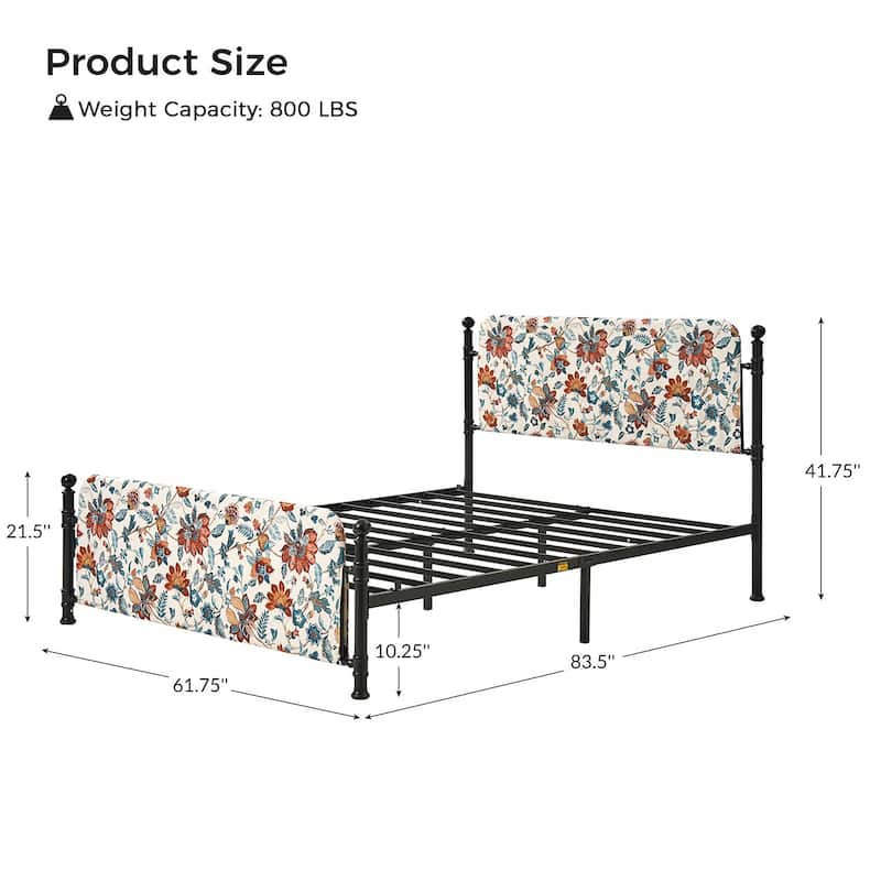 Diana Transitional 62" Floral Upholstered Platform Metal Bed Frame with Washable Slipcover by HULALA HOME