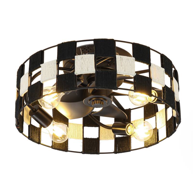 17.7" Black Hand-Woven Hemp Rope Caged Ceiling Fan Light with Remote and App