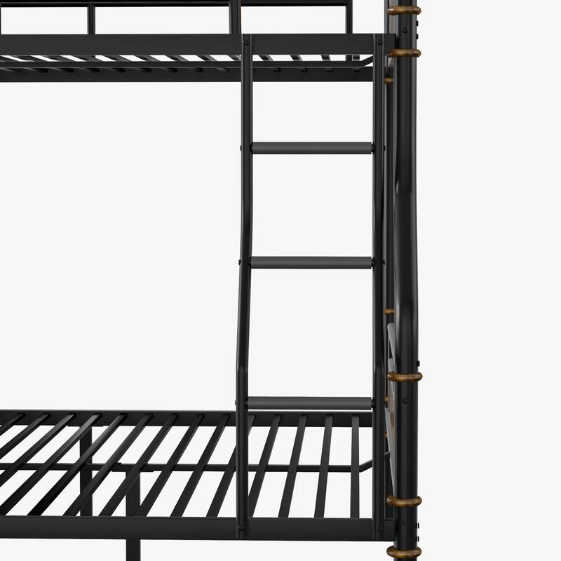 Full XL Over Queen Metal Bunk Bed with Safety Guard Rails, Industrial Design, Black