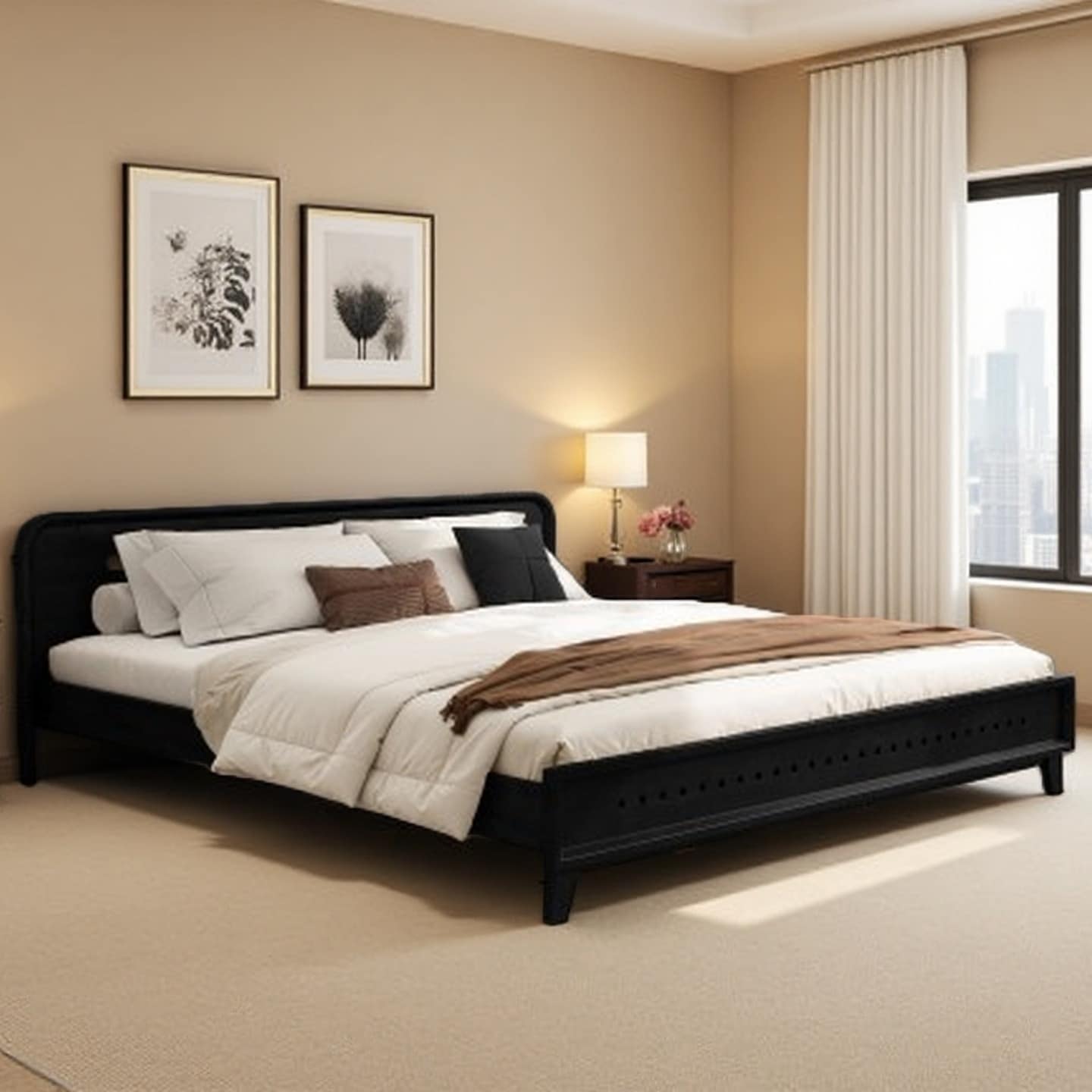 Queen Size Solid Pine Wood Bed Frame, No Box Spring Needed, Sturdy & Stable Design with Elevated Under-Bed Storage