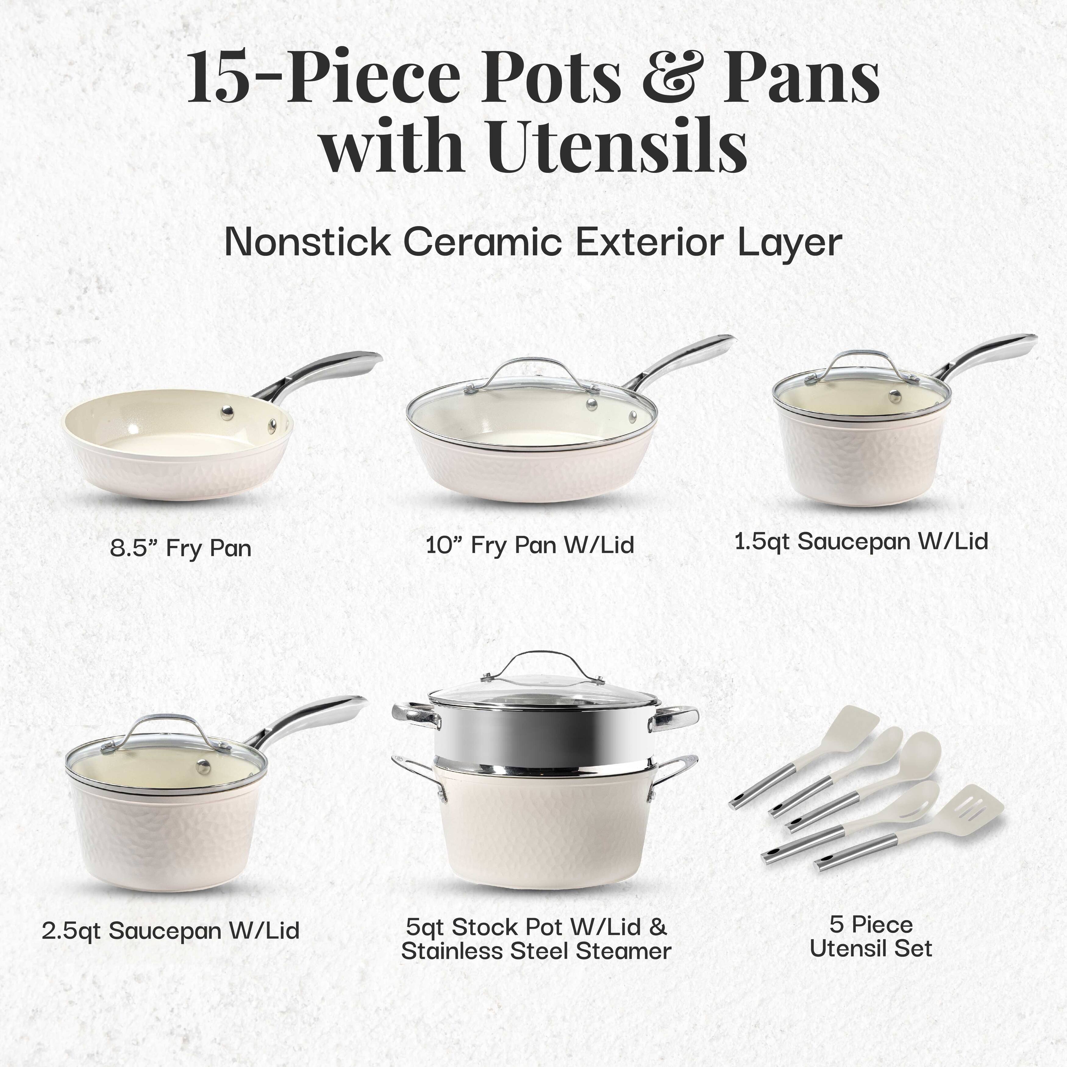 Gotham Steel Hammered Cream 15 Piece Ultra Ceramic Nonstick Cookware Set with Utensils Bed
