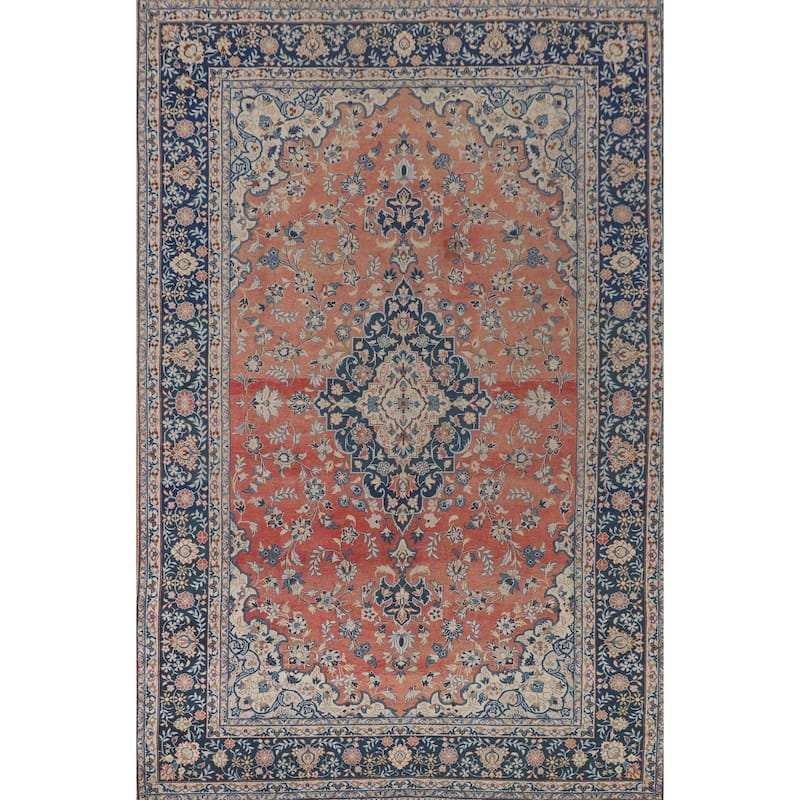 Distressed Kashan Persian Antique Area Rug Handmade Wool Carpet - 7'2"x 10'0"