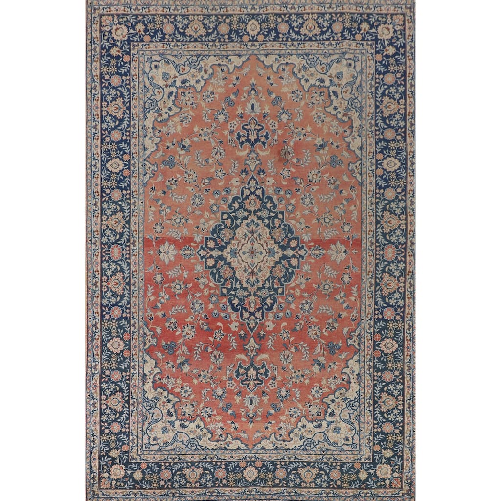 Distressed Kashan Persian Antique Area Rug Handmade Wool Carpet - 7'2"x 10'0"