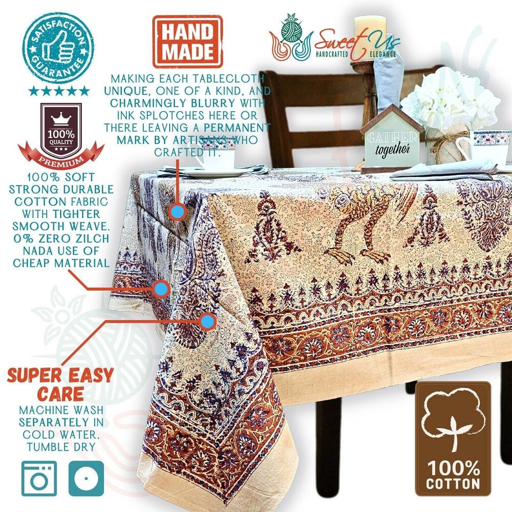 Peacock Paradise Paisley Floral Hand Block Print Cotton Tablecloth - 86 x 102 in.