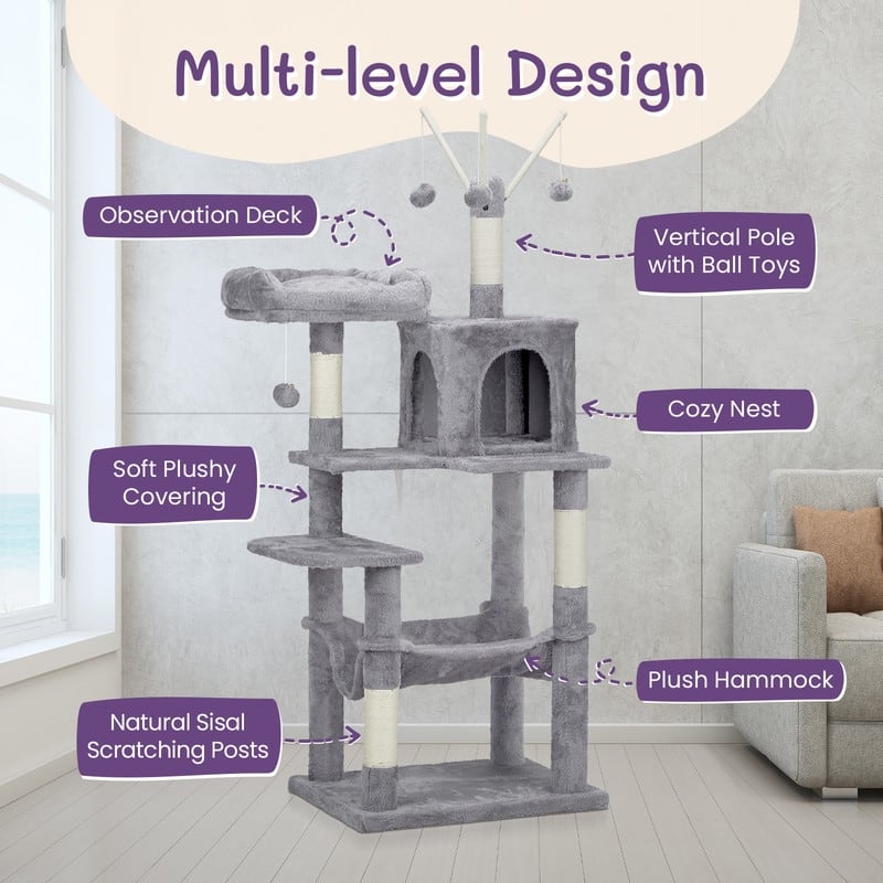 57-inch Light Grey Cat Tree with Padded Platform Bed