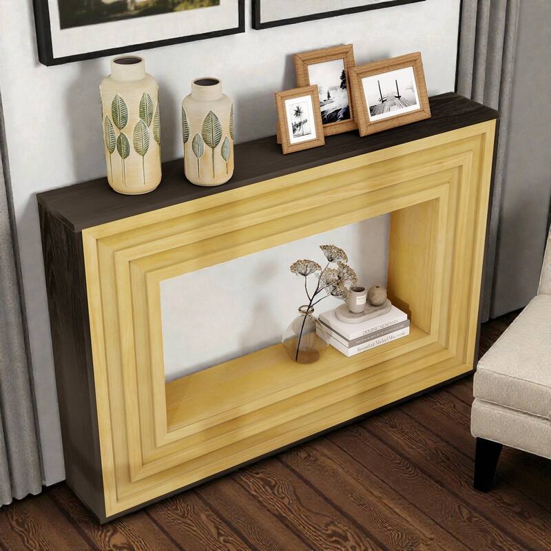 47" Modern Contrast Console Table with Layered Wood Frame and Black Top, Entryway Table for Hallway & Living Room