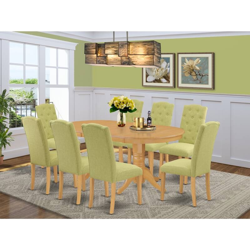 Oval Dining Table Set with 8 Chairs - Modern Parson Dining Set - Oak Finish & Lime Green Fabric - 76