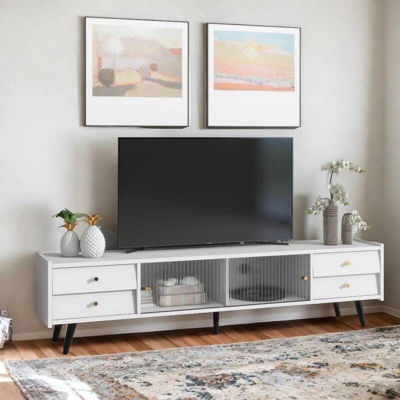 Slanted Console Modern TV Stand with Golden Metal Handles, Sliding Fluted Glass Doors ...