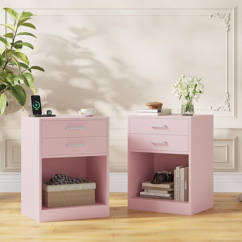 Nightstand 2 Drawers End Table Charging Station Nightstand Set of 2