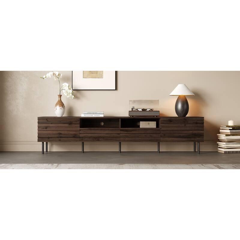 TV Stand for TVs up to 85", Entertainment Center with 2 Drawer & 2 Cabinet, Open Shelves, Wood TV Console with Cable Management