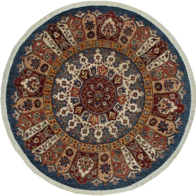Oriental Khurgeen Therese Blue/Red Hand-knotted Wool Rug - 4'8 x 4'9 - 9'8'' x 9'9''