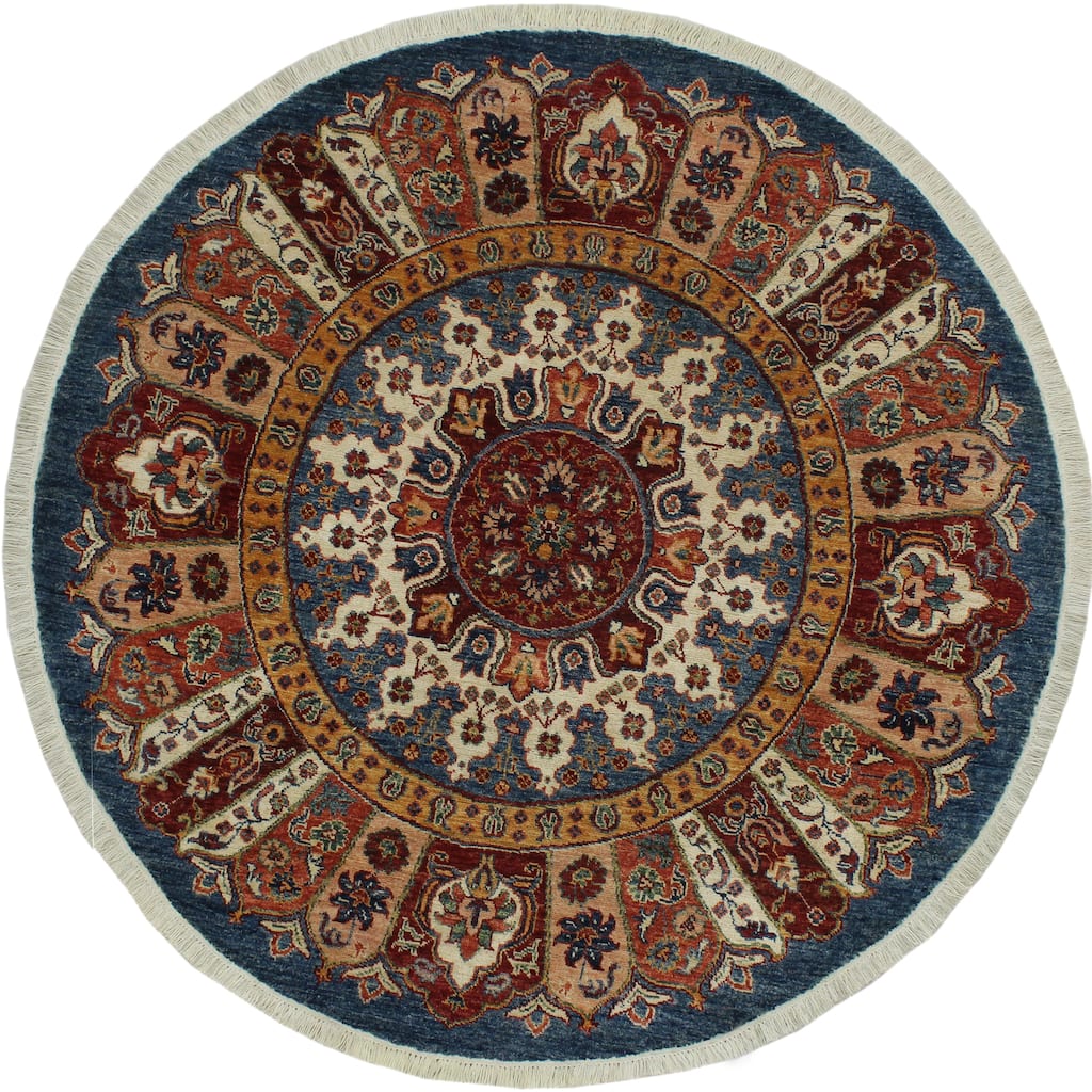Oriental Khurgeen Therese Blue/Red Hand-knotted Wool Rug - 4'8 x 4'9 - 9'8'' x 9'9''