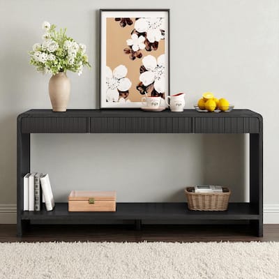 Modern 3-Drawer Console Table with Vertical Slat Design, Rounded Edge Entryway Storage Table with Shelf