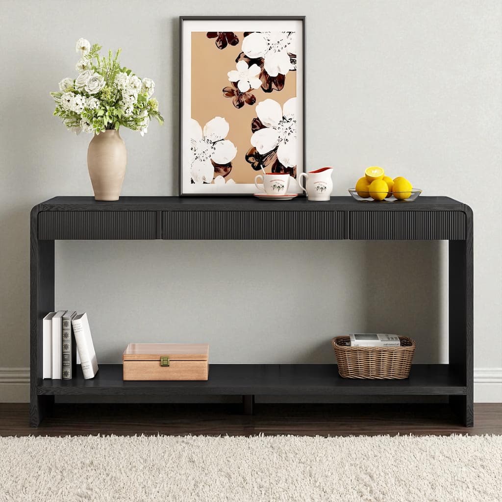 Modern 3-Drawer Console Table with Vertical Slat Design, Rounded Edge Entryway Storage Table with Shelf