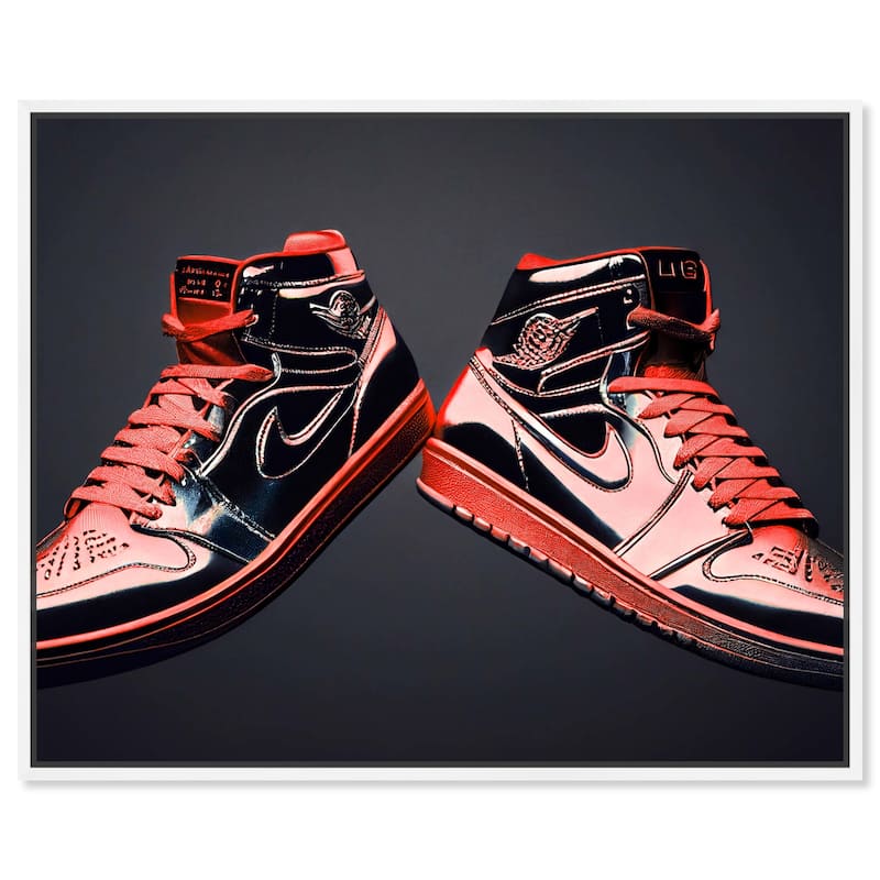 Notoriart Red Sneakers On Display Framed Sneaker 1 Piece Canvas Wall Art - 17 x 25 - White
