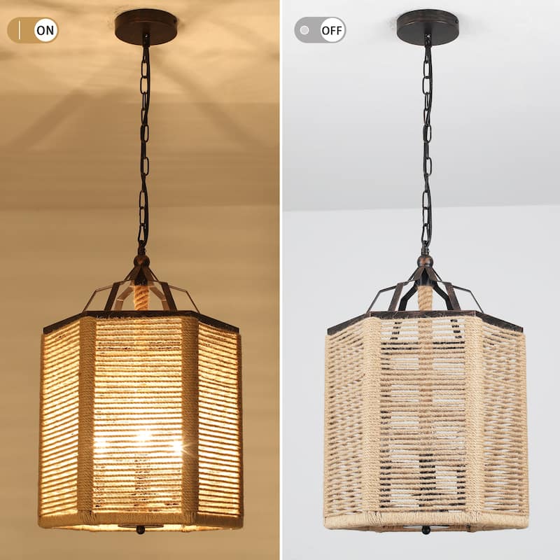 3-Light Farmhouse Lantern-style Chandelier with Hemp Rope for Living Room