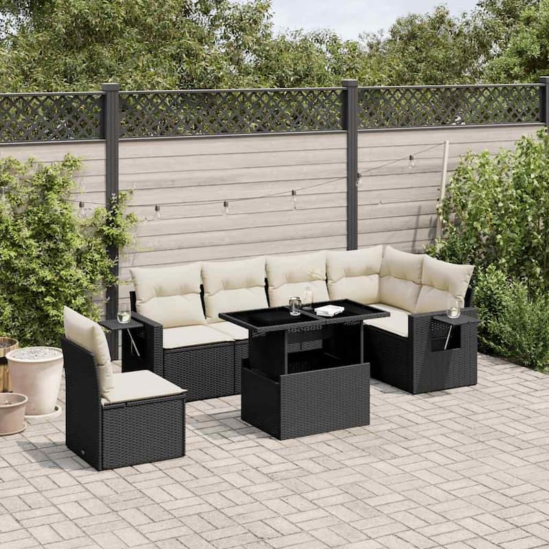 vidaXL Patio Sofa Set with Cushions Outdoor Furniture 7 Piece Poly Rattan - 21.7 x 39.4 x 28.7 - Black and Cream