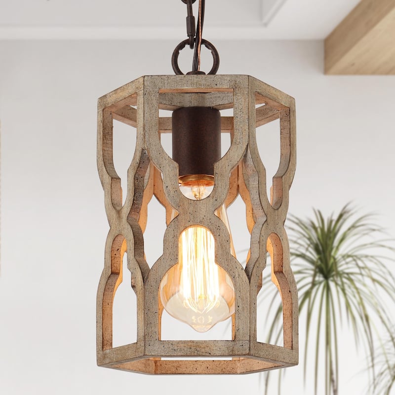 Woodly Modern Farmhouse 1-Light Cylinder Wood Island Pendant Lights for Dining Room - Brown - 6.5" D x 10" H