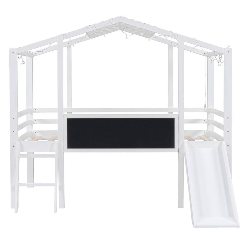 Twin Loft Bed with Slide, Ladder, Blackboard, and Light Strip, White and Gray