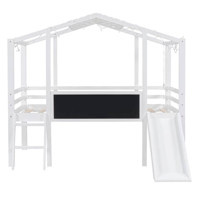 Twin Size Loft Bed with Ladder and Slide, House Bed with Blackboard and Light Strip on the Roof, White