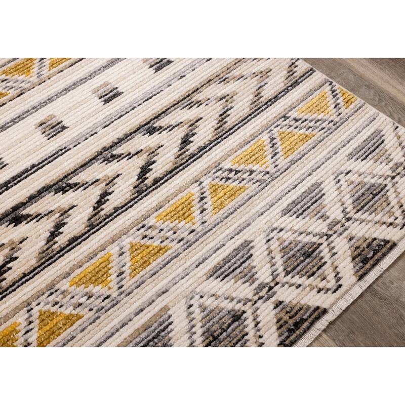Cali Collection - Yellow/Grey/Cream Tribal Stripes Rug