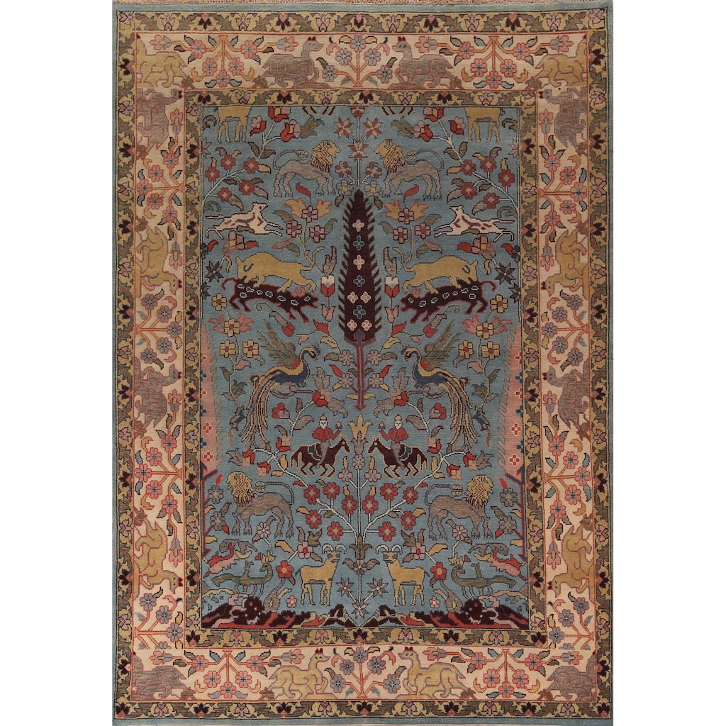 Hunting Animals Blue Ziegler Oriental Area Rug Handmade Wool Carpet - 9'0"x 11'11"