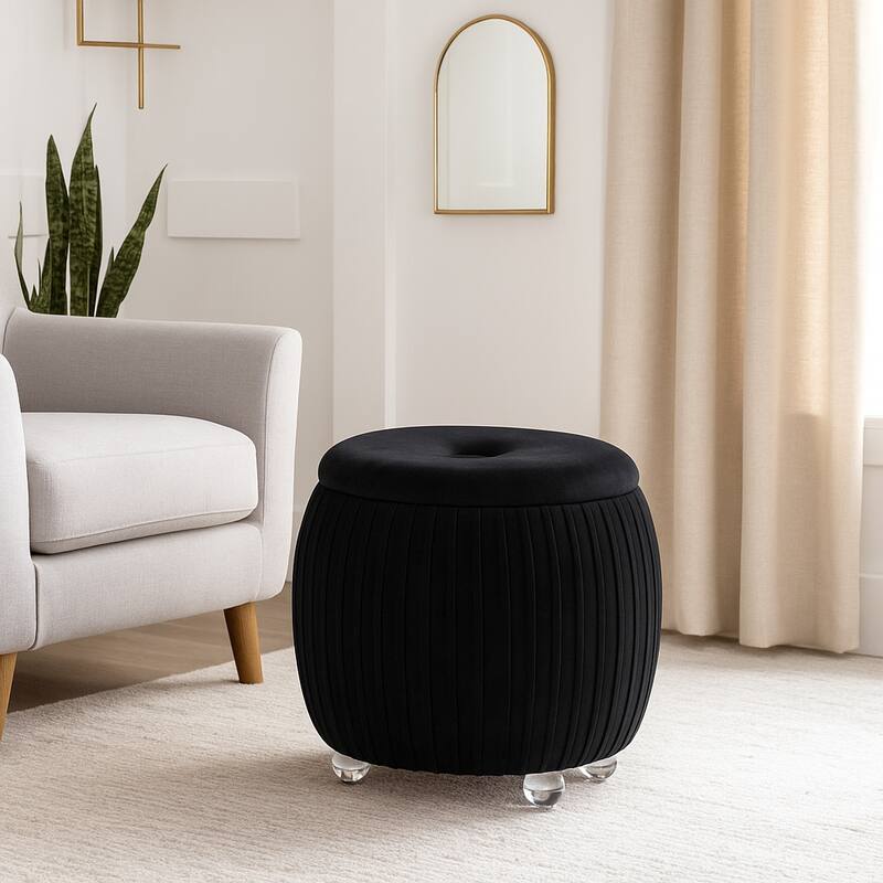 Backless Storage Stool with Velvet Upholstery - Accent for Living Room Home Decor - Black