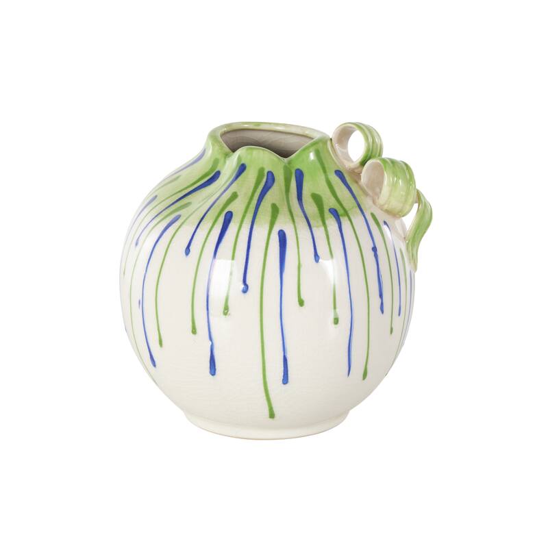 White Ceramic Abstract Decorative Vase with Green and Blue Drip Design and Handle