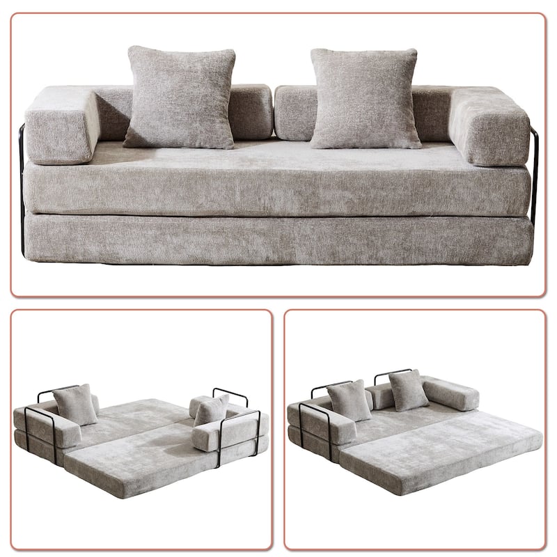 Modern Minimalist Compressed Upholstered Convertible Two-Seater Sofa Bed with External Metal Frame