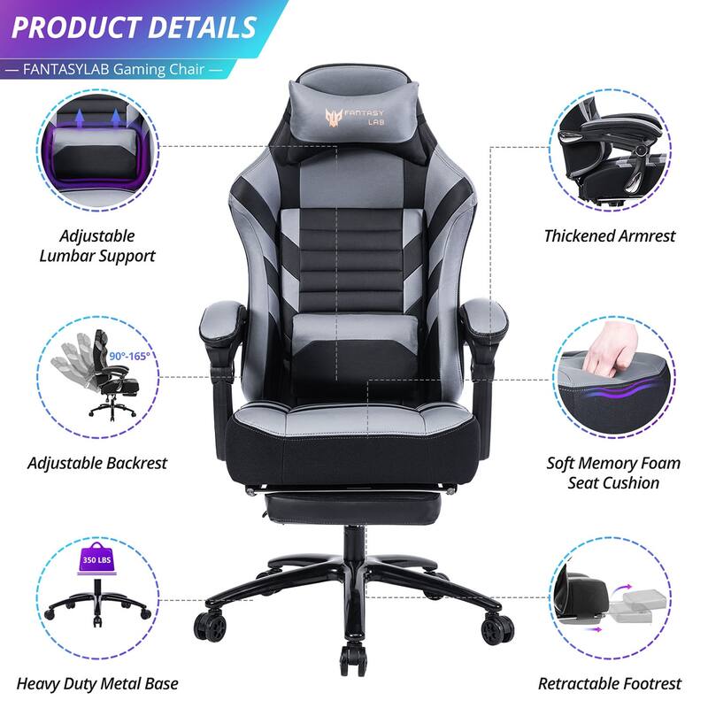 Ergonomic Office Chair Adjustable Swivel Recliner with Massage Lumbar Pillow and Retractable Footrest, for Office