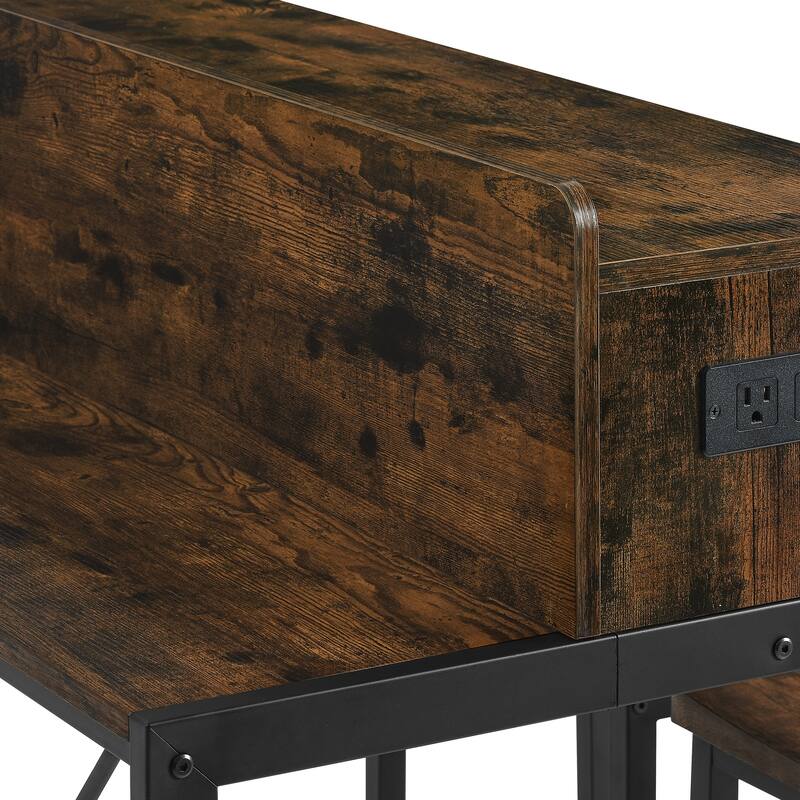 Counter Height Bar Table Set with Power Socket & LED Light, Farmhouse 4-Piece Dining Table Set with 3 Saddle Stools