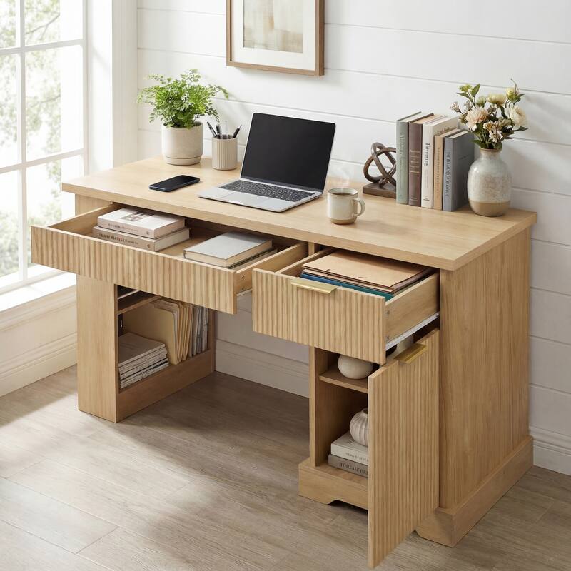 55" Modern Fluted Office Desk with Storage Cabinet & Drawers, Computer Writing Desk with Power Outlet, Pegboard