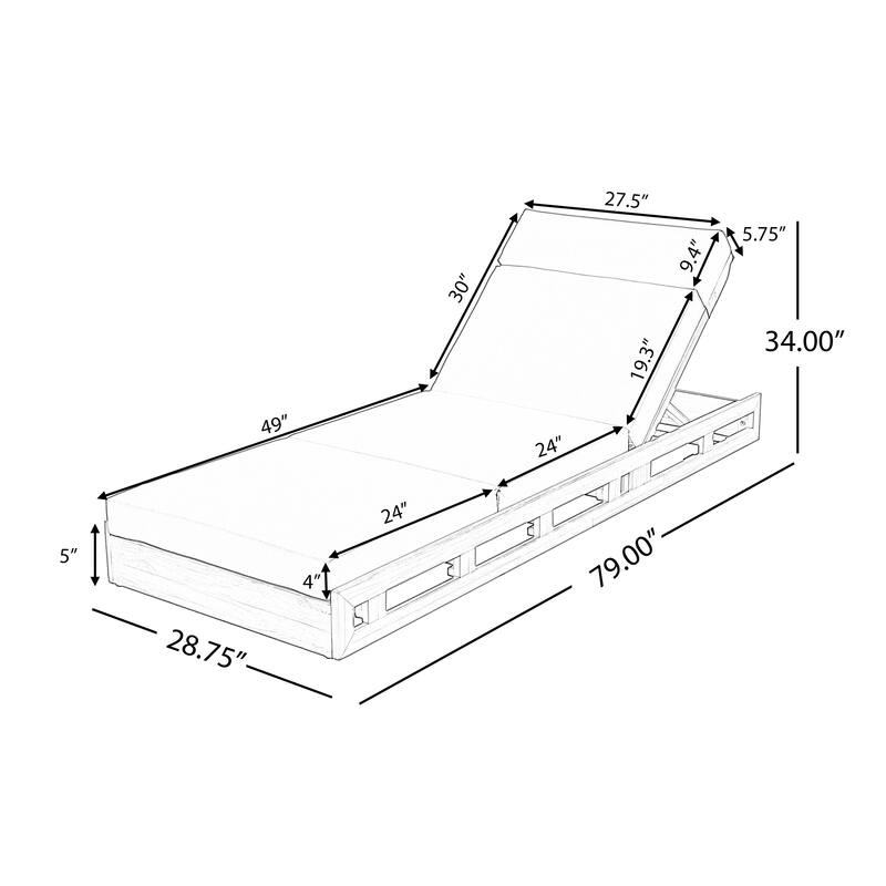 Roomfitters Outdoor Acacia Wood Chaise Lounge with Headrest and 4-Inch Triple-Fold Beige Cushions