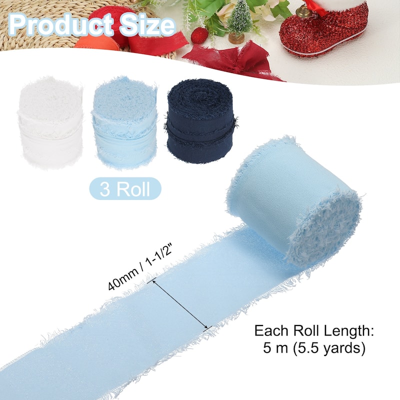 1-1/2"x16Yd Handmade Fringe Cotton Ribbon Frayed Fringe Ribbon 3Roll - 5Yd - Dark Blue/Light Blue/White